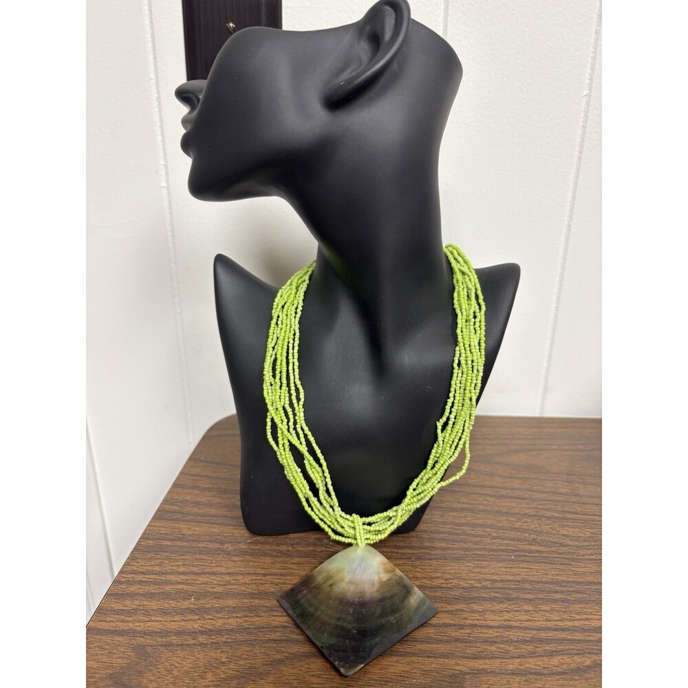 Green Seed Bead Multi Strand Necklace w Natural Shell Pendant Boho